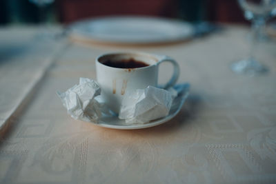 High angle view of coffee cup on table