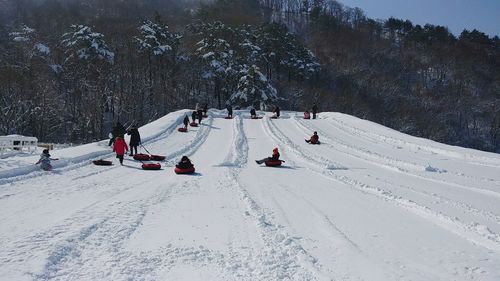 View of people skiing on snow covered field