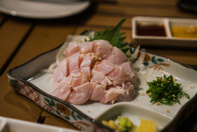 High angle view of food in plate on table