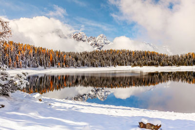 Scenic view of frozen lake against sky during winter