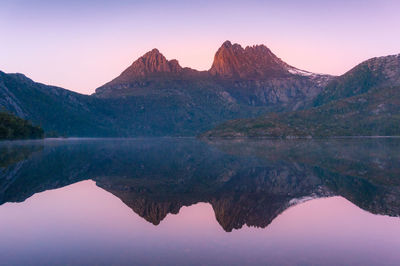 Reflection of mountains in lake against clear sky