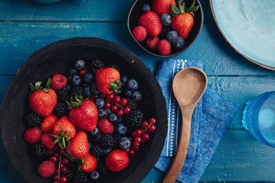 High angle view of strawberries in bowl on table