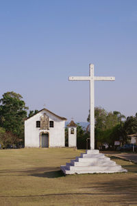 Built structure by building against clear blue sky