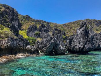 Scenic view of sea against clear blue sky