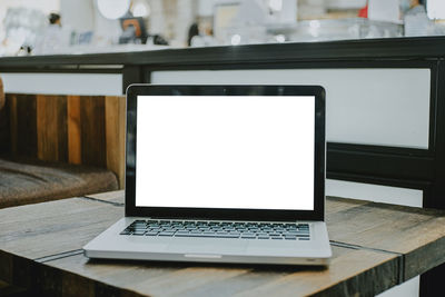 Low angle view of laptop on table