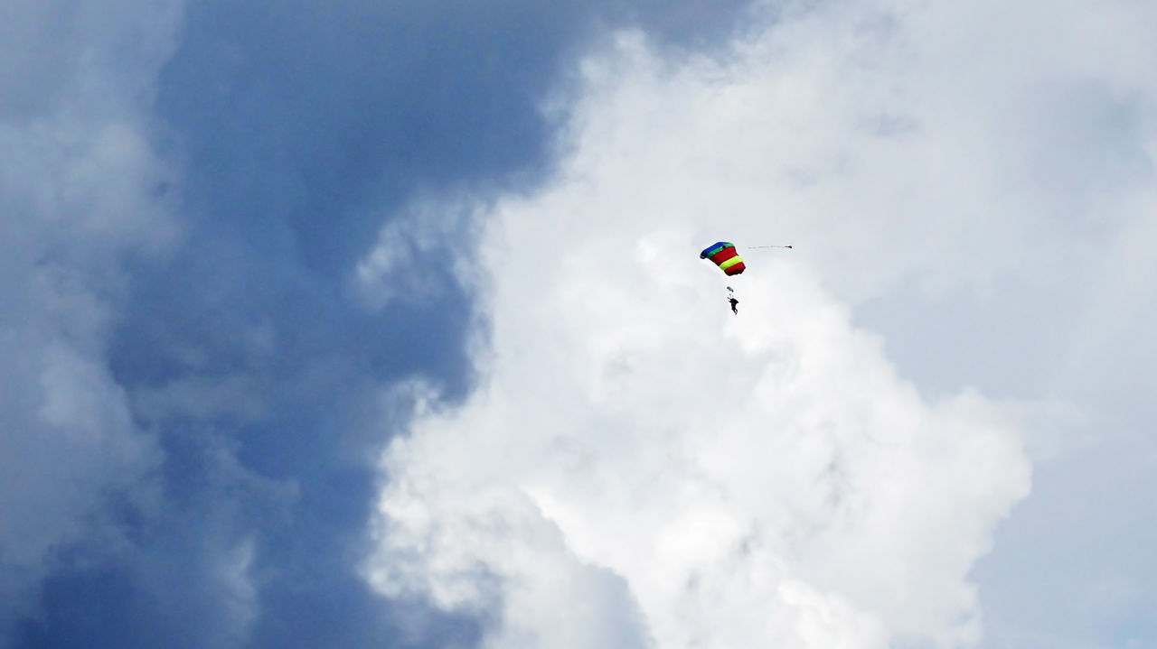 LOW ANGLE VIEW OF PEOPLE FLYING AGAINST SKY