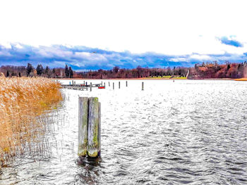 Scenic view of lake against sky during winter