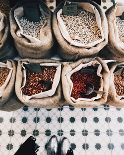 High angle view of spices in basket on table