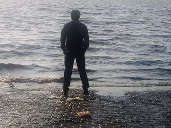 Rear view of man walking on beach