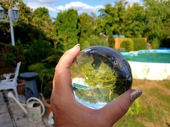 Close-up of hand holding crystal ball against trees