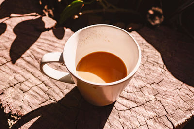 High angle view of coffee cup on table