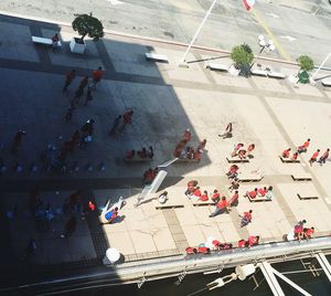 High angle view of people on road in city