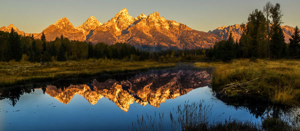 Reflection of trees in lake against sky