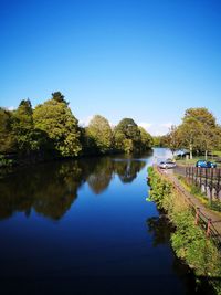 Scenic view of lake against clear blue sky