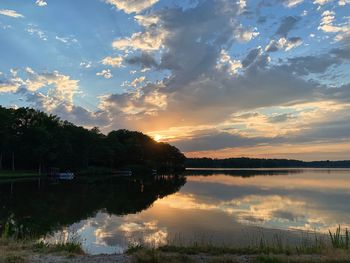 Scenic view of lake against sky at sunset