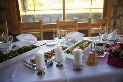High angle view of food on dining table in restaurant