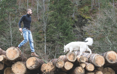 Low angle view of young man walking with dog on logs of wood