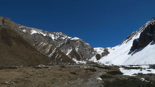 Scenic view of snowcapped mountains against clear blue sky