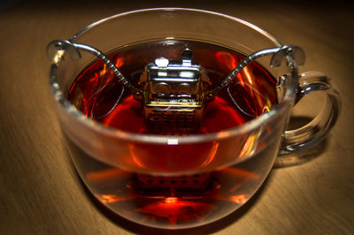 Close-up of tea in glass on table