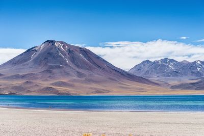 Scenic view of mountains against blue sky