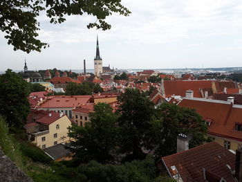 High angle view of town against sky