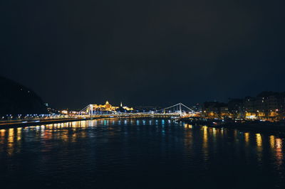 Illuminated bridge over river at night