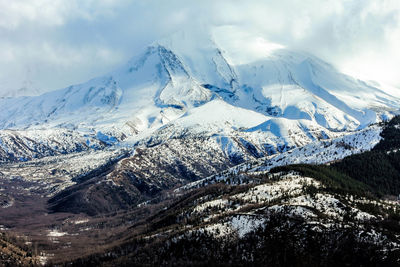 Aerial view of snowcapped mountains against sky