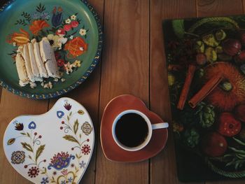 High angle view of breakfast served on table