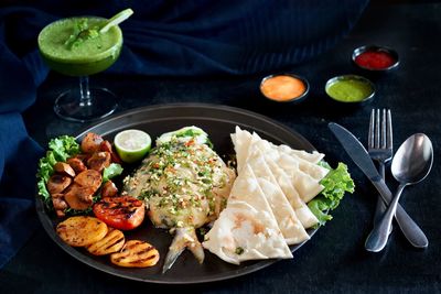 High angle view of meal served on table
