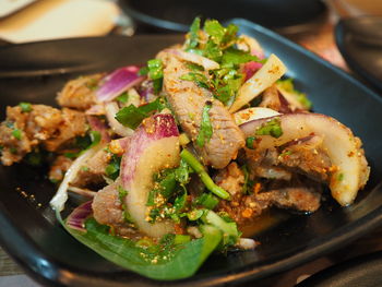 High angle view of food in plate on table