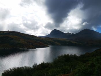 Scenic view of lake and mountains against sky