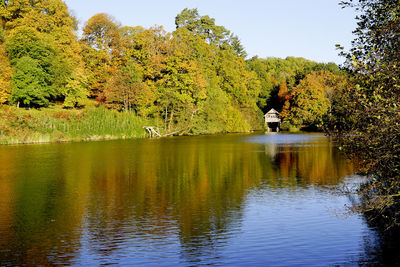 Reflection of man in lake by trees against sky