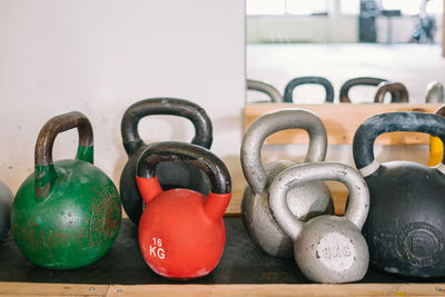 Close-up of kettlebell on table