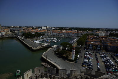 High angle view of river amidst buildings in city