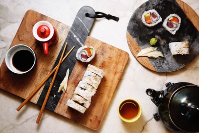 High angle view of breakfast on table