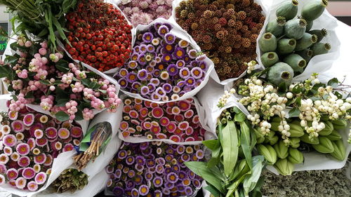 High angle view of multi colored vegetables for sale