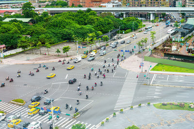 High angle view of people on street in city