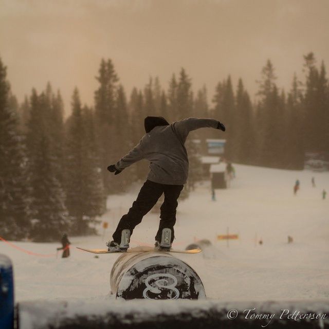 full length, lifestyles, leisure activity, rear view, water, weather, winter, mid-air, sky, men, tree, season, casual clothing, enjoyment, standing, cold temperature, childhood, snow