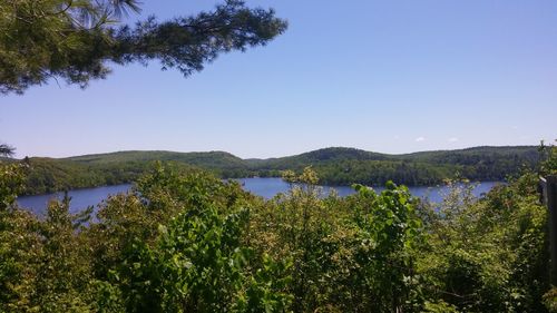 Scenic view of lake against clear blue sky