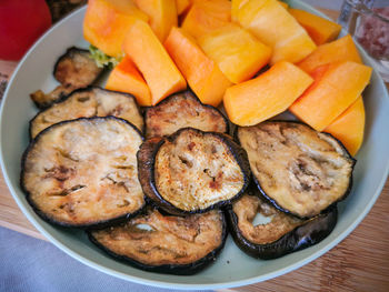 High angle view of food in plate on table