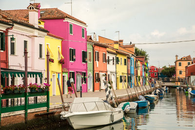 Boats moored on shore against sky