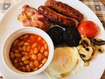 High angle view of breakfast served on table