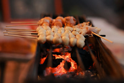 Close-up of food on barbecue grill