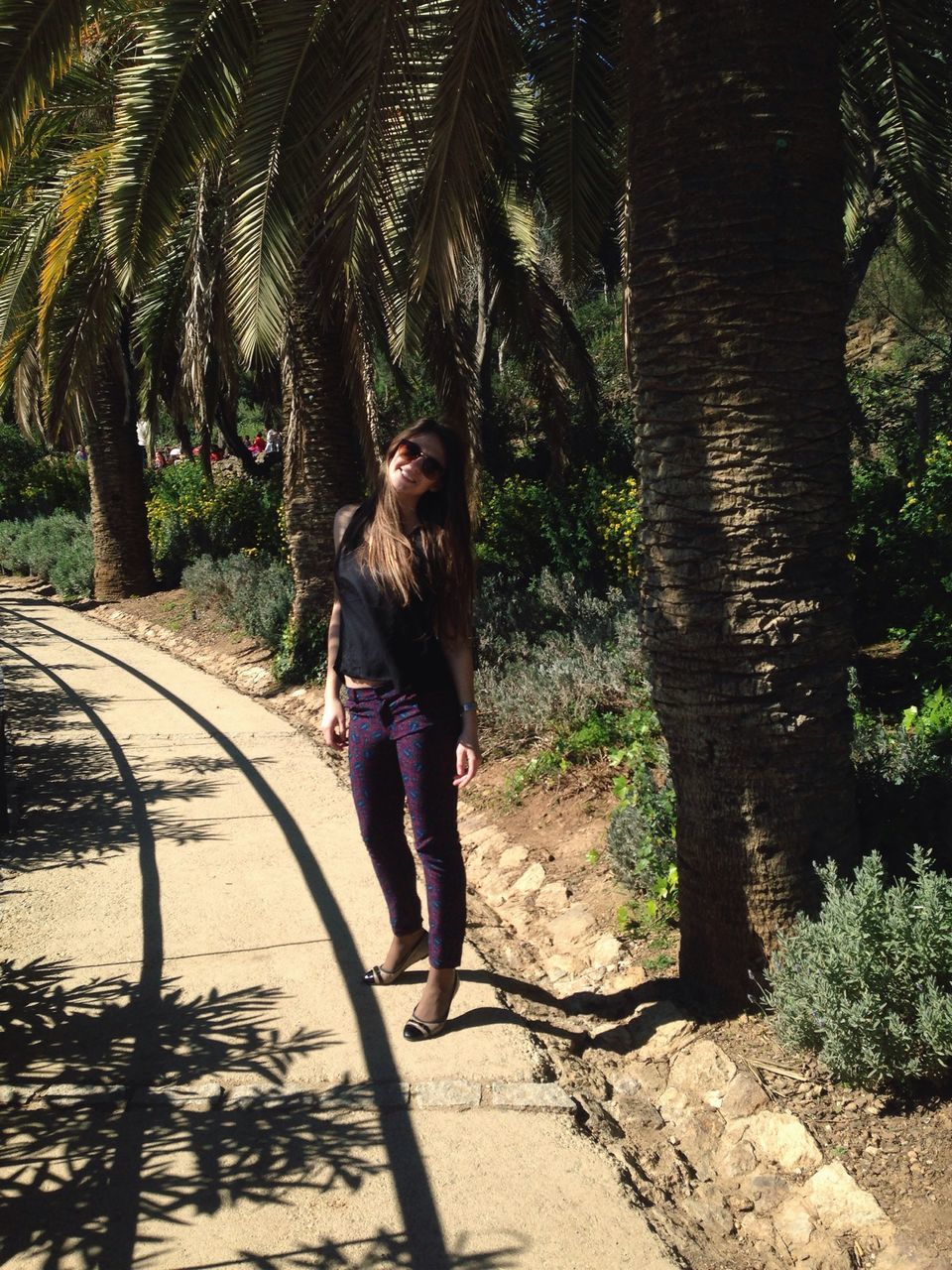 full length, tree, lifestyles, leisure activity, rear view, casual clothing, walking, standing, person, young women, tree trunk, sunlight, long hair, young adult, shadow, palm tree, footpath, outdoors