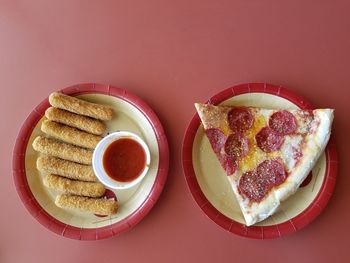 High angle view of breakfast served on table