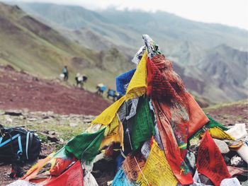 Multi colored prayer flags on mountain