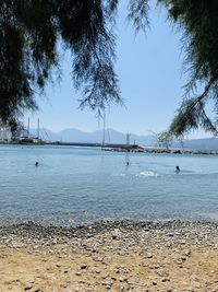 Scenic view of bay against clear sky