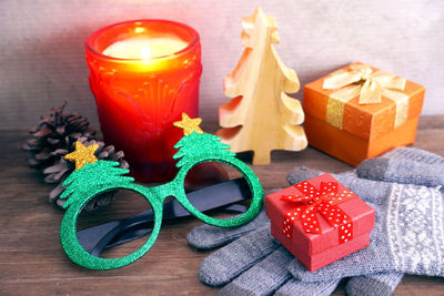 High angle view of christmas decorations on table
