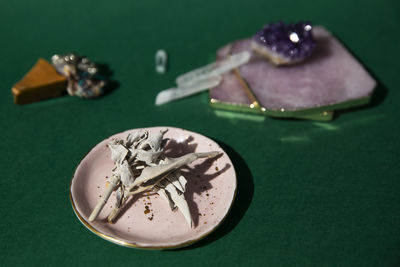 High angle view of ice cream in plate on table