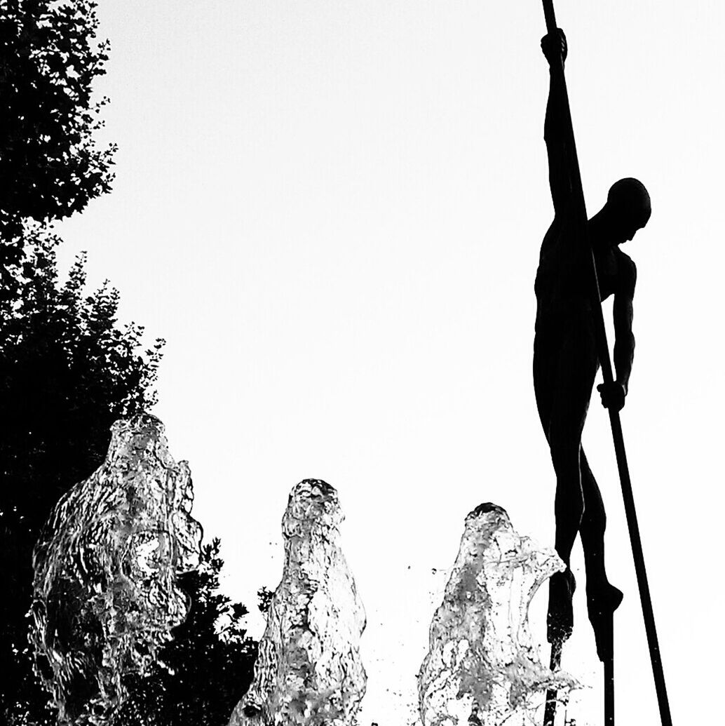 clear sky, low angle view, tree, copy space, statue, nature, human representation, branch, day, outdoors, no people, tranquility, sculpture, art and craft, sky, creativity, art, tree trunk, close-up, growth